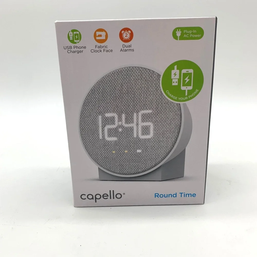 Capello Round Time Alarm Clock Grey Fabric Face USB Charging Dual Alarm CA-8WF